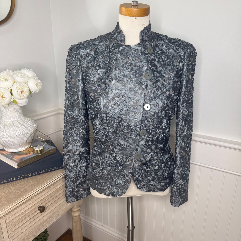 Armani Collezioni Grey Silk Rosette Ribbon Blazer Jacket IT 40 US 4 Italy